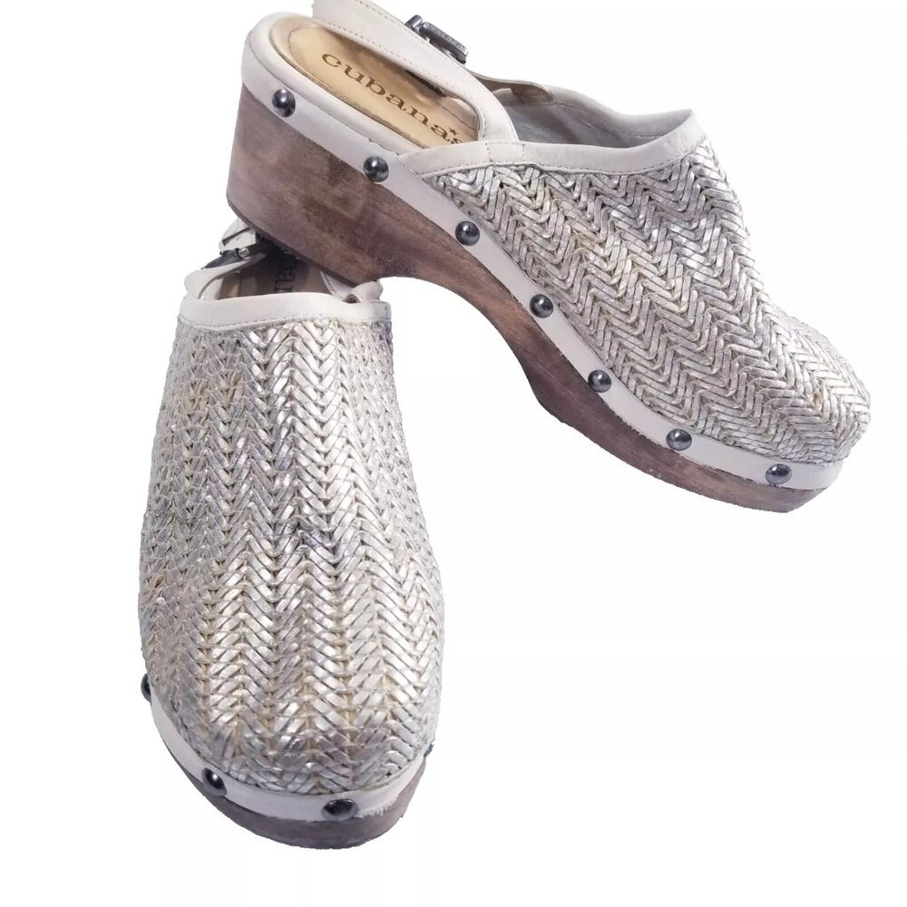 Cubanas Anthropologie Wooven Wedge Clogs Women Size 9 Beige Silver Buckle